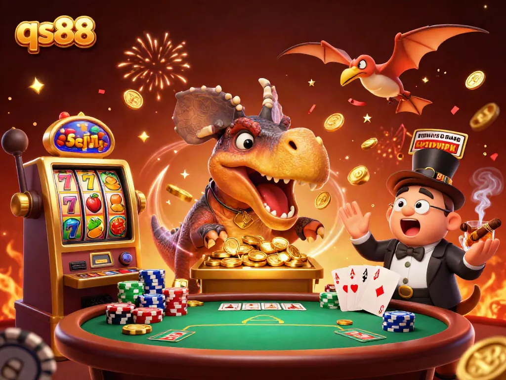 qs88 features a pachycephalosaurus winning coins at the slot machine amidst a vibrant casino scene.