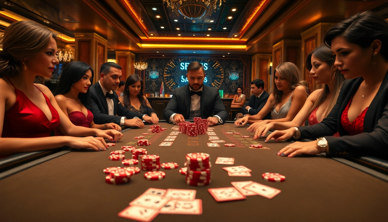 A thrilling poker game at https://98win9.bid/ with excited players, colorful chips, and an elegant atmosphere.
