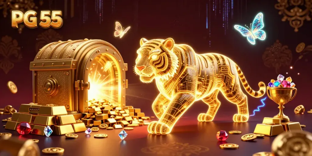 Experience the thrilling atmosphere of PG 55's digital casino with a golden tiger and treasures.