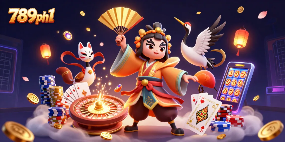 Engage with 789ph1's immersive gaming world showcasing kabuki warriors and casino elements.