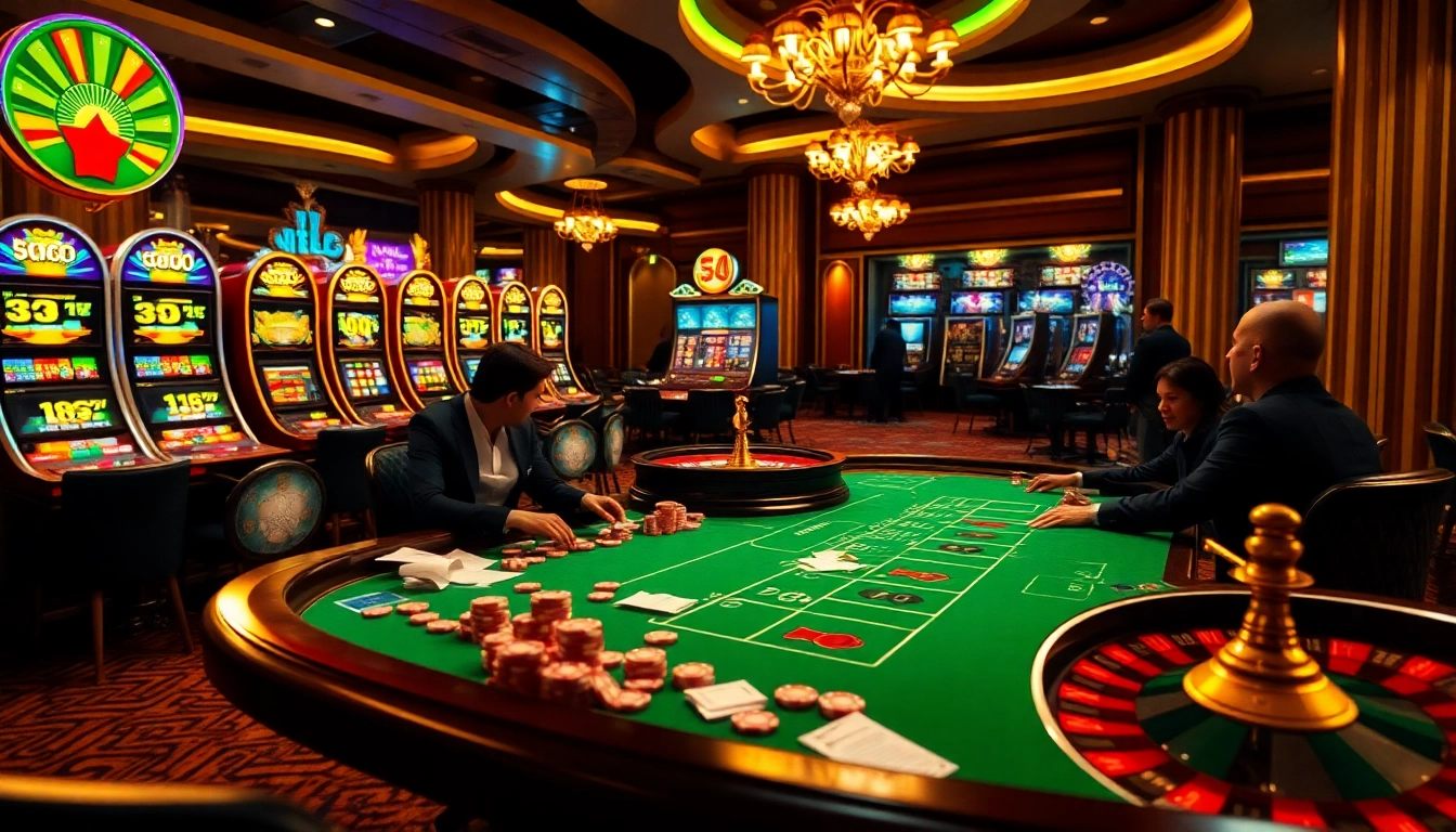 Players at a poker table strategizing in a vibrant, luxury casino atmosphere at https://nk882026.com/.