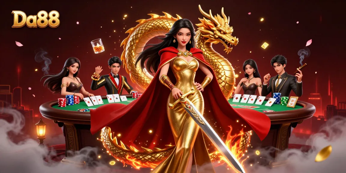 Engage in high-stakes poker action with Da88, featuring a confident warrior queen and vibrant casino elements.