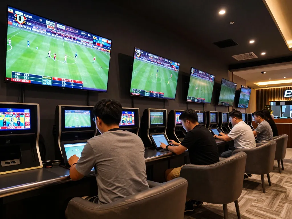 Engaged gamblers analyzing kèo nhà cái odds on tablets during live sports betting.