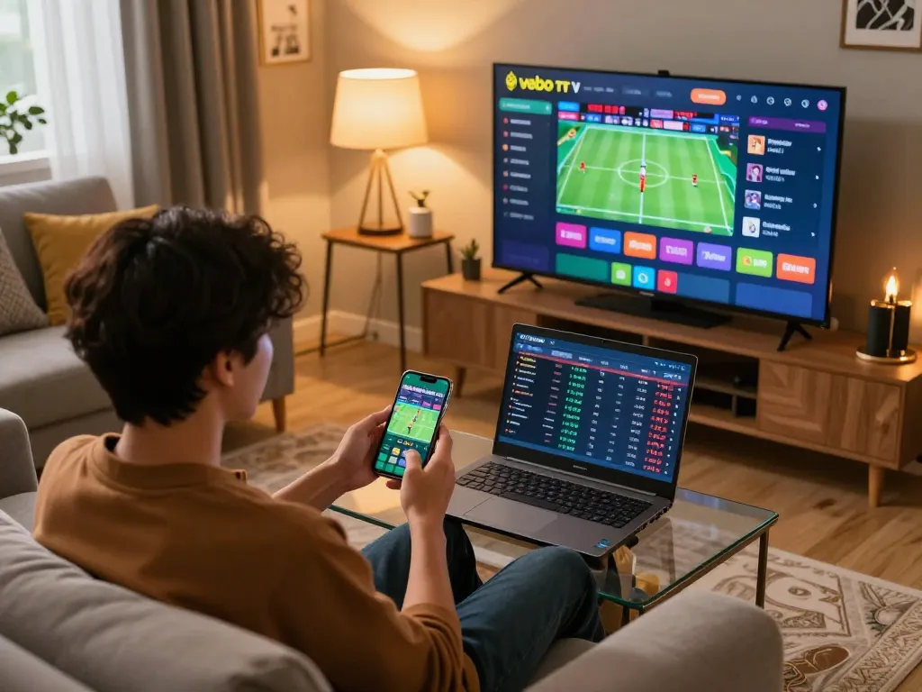 Engage with vebo tv sports betting at home as a bettor places strategic bets on their smartphone.