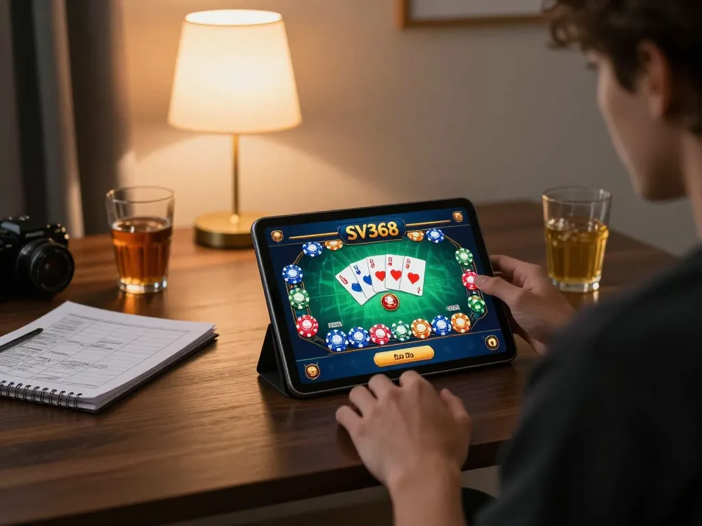 Engaging gaming session on SV368 casino app, showcasing vibrant visuals and cozy home setup