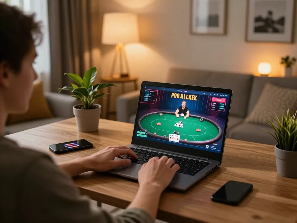 Person enjoying an online poker game with luck88 on their laptop in a cozy home setting