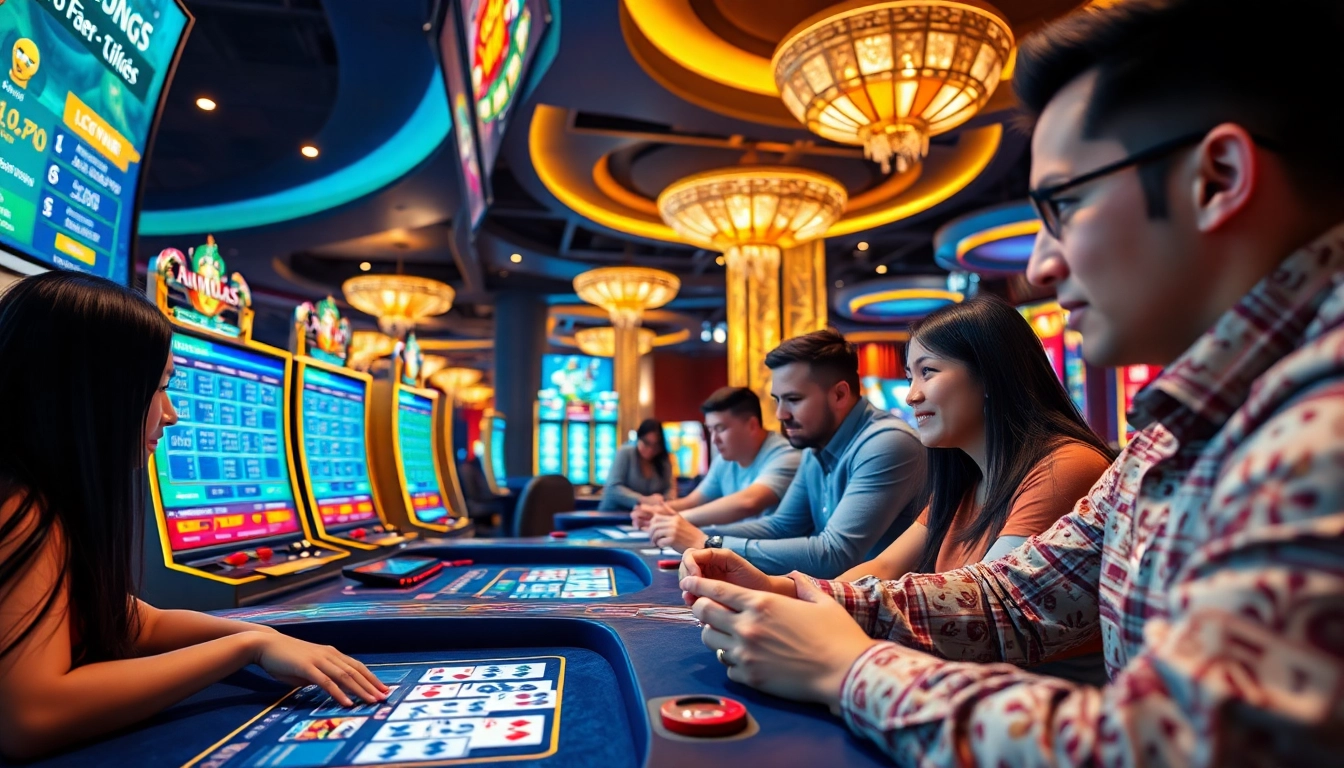 SBOBET.dance live casino experience showcasing players engaged in poker and slot games with dynamic screens.