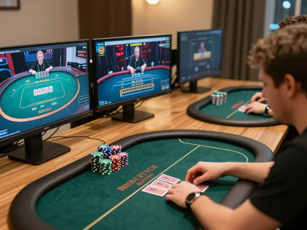 Engaged player strategizing during an online poker session at ga8888, using multiple screens.