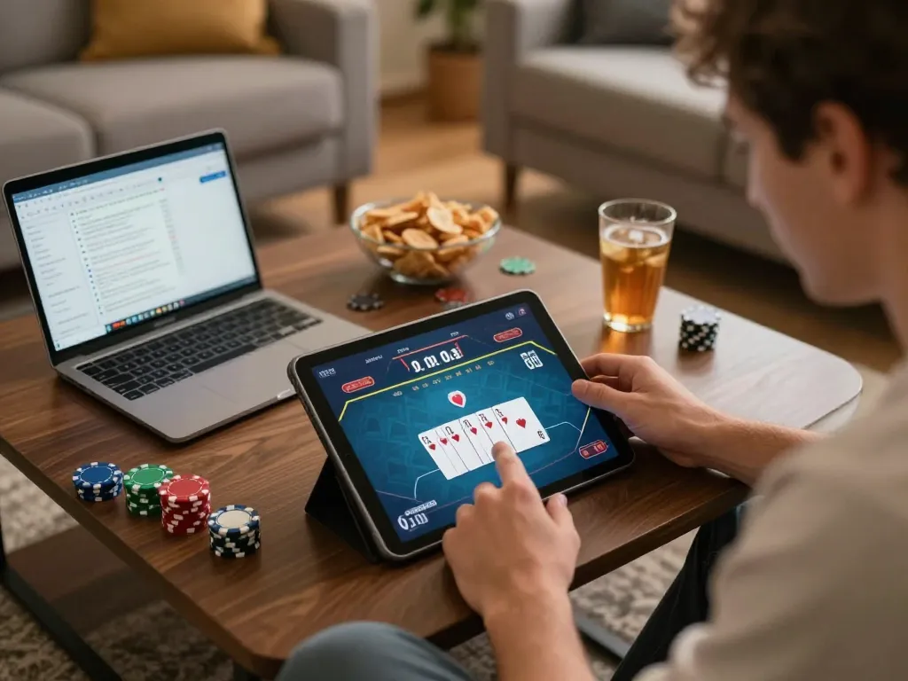 Player immersed in SC88 online poker game on tablet, surrounded by strategic notes and snacks