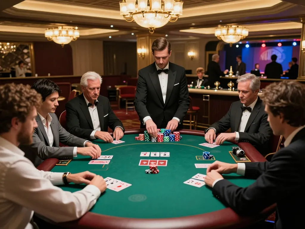 Engage in strategic poker gameplay at XX88's upscale casino featuring vibrant players and warm ambiance.