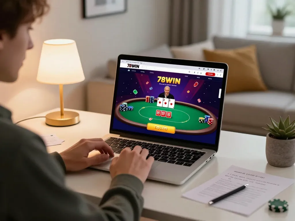 Engaged player enjoying a poker game on 78WIN, illustrating strategic gameplay in a cozy home setting.