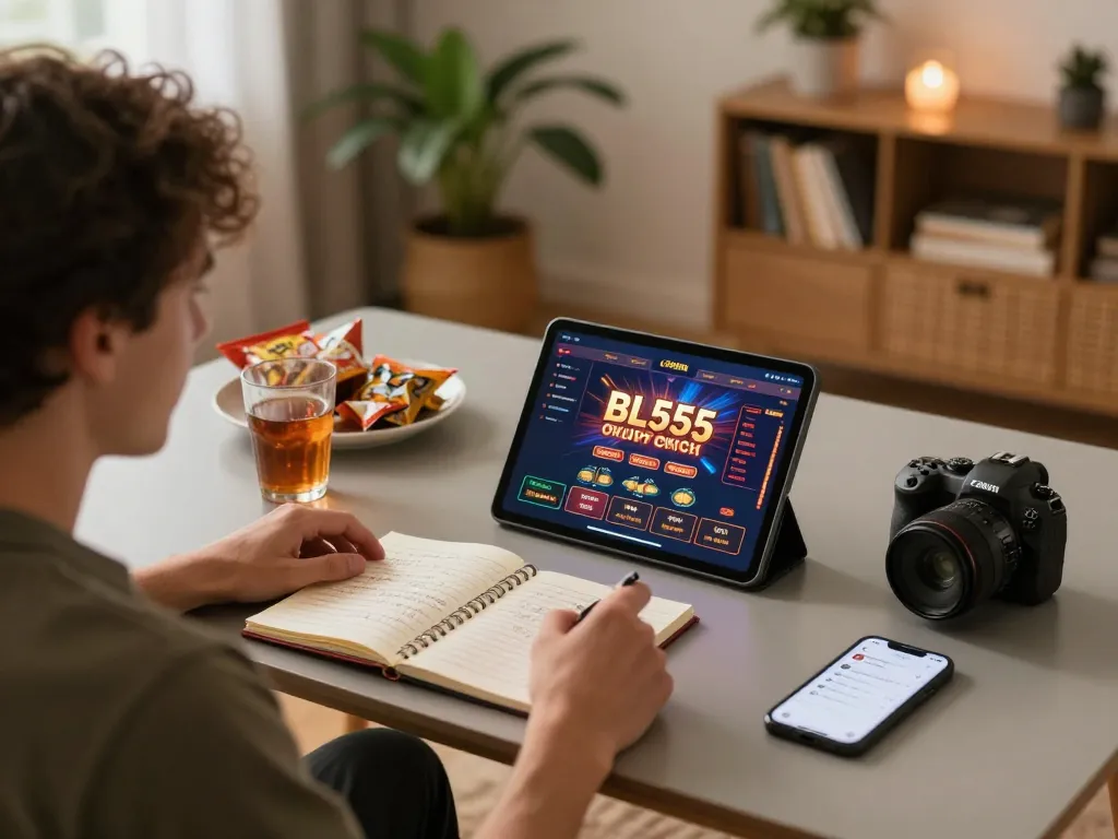Player engaging with the BL555 online casino app on tablet, showcasing cozy home gaming setup