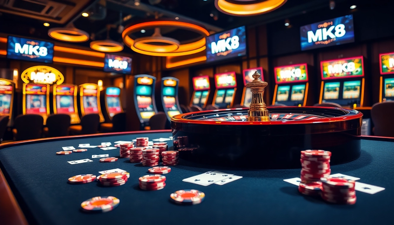 Engaging casino scene showcasing the MK8 excitement with chips, cards, and roulette wheel.