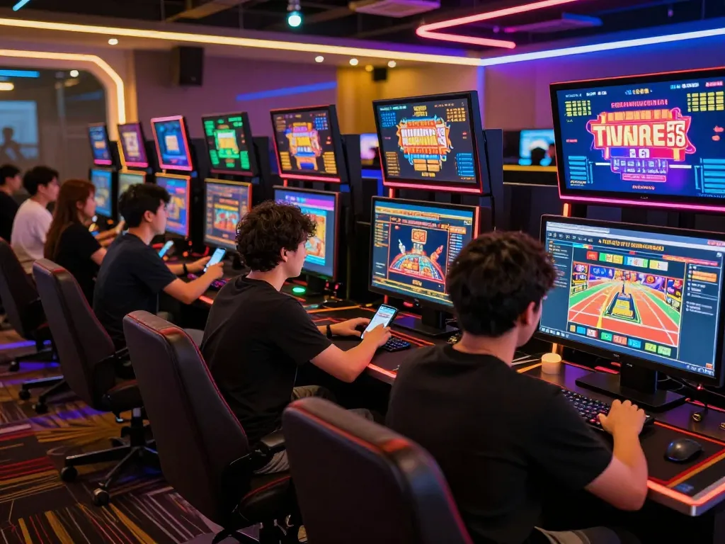 Engaged players enjoying online gambling at nhà cái C168 with vibrant game displays and interactive chats.