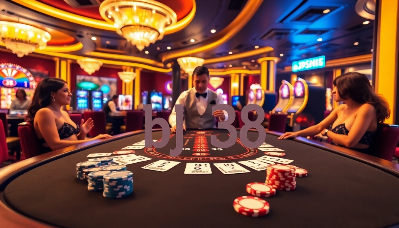 Exciting bj38 blackjack table scene with dealers and players in a vibrant casino atmosphere.