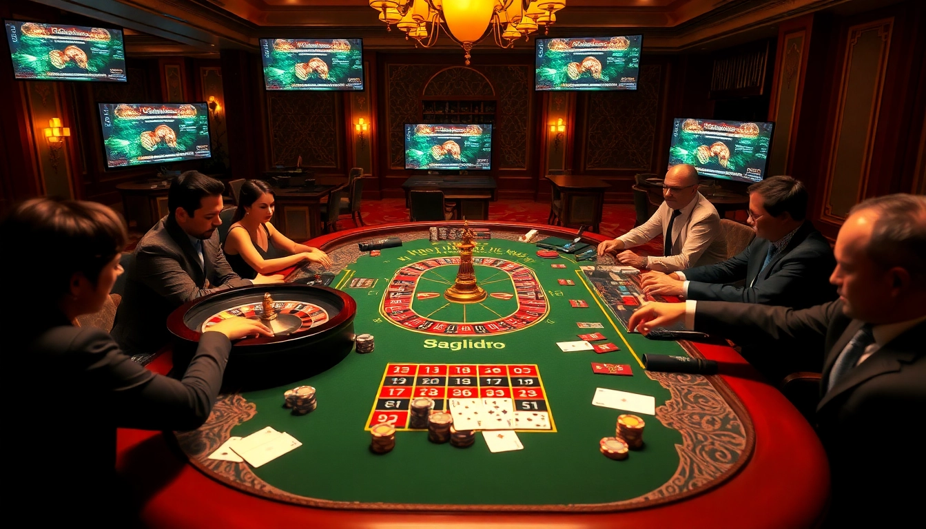 A thrilling gambling scene showcasing excitement with 'khotruyen' stories integrated into the casino atmosphere featuring roulette and poker tables.