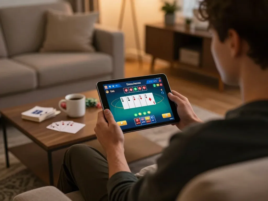 Online gaming experience at atq com with a cozy setup, focusing on poker gameplay and strategy.