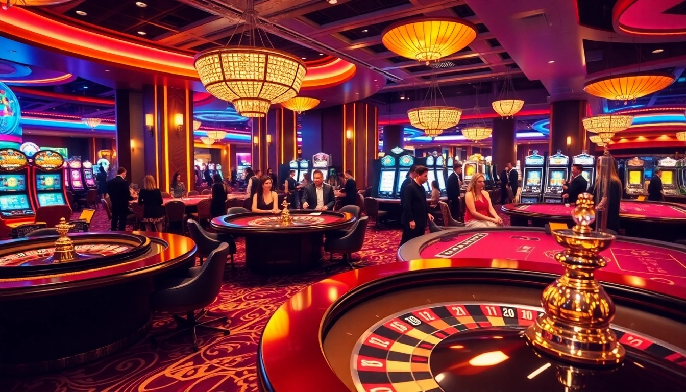 A vibrant casino scene showcasing the excitement of gaming at https://bet88e.gold/, featuring roulette wheels and poker tables.