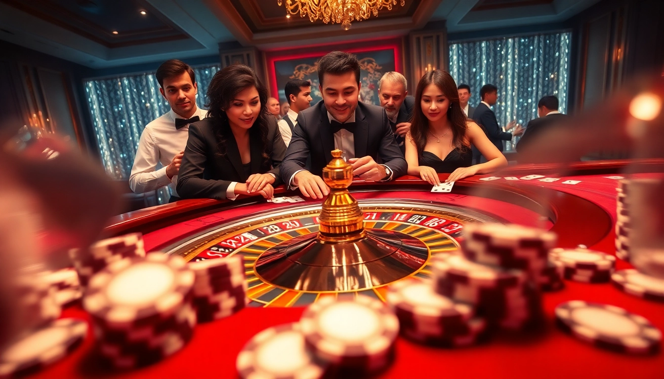 Max88 casino scene with players at a roulette table, capturing excitement and luxury in gambling.