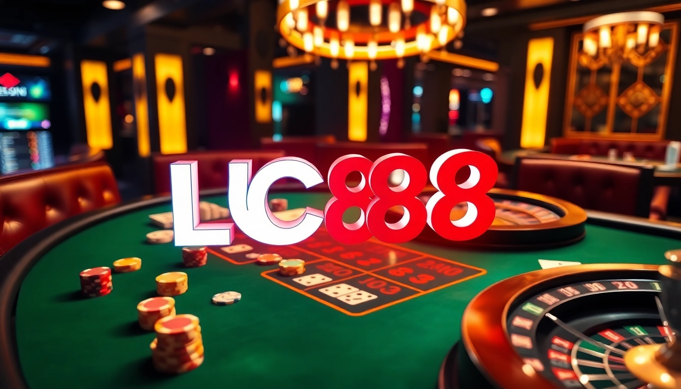 Experience the excitement of LC88 as players engage with colorful casino tables and vibrant poker chips.