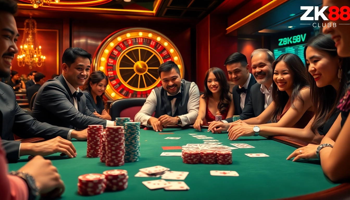 Experience high-stakes gambling at ZK88 Club's luxurious poker and roulette tables surrounded by enthusiastic players.