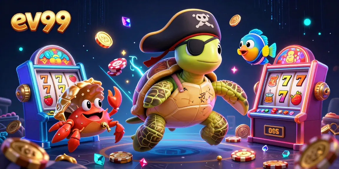 Join the adventure at ev99 with a pirate turtle as it uncovers treasure amid vibrant slot machines.