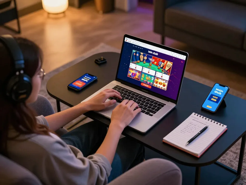 The iwin club gaming experience showcased on a laptop, highlighting vibrant slots and poker games in action.