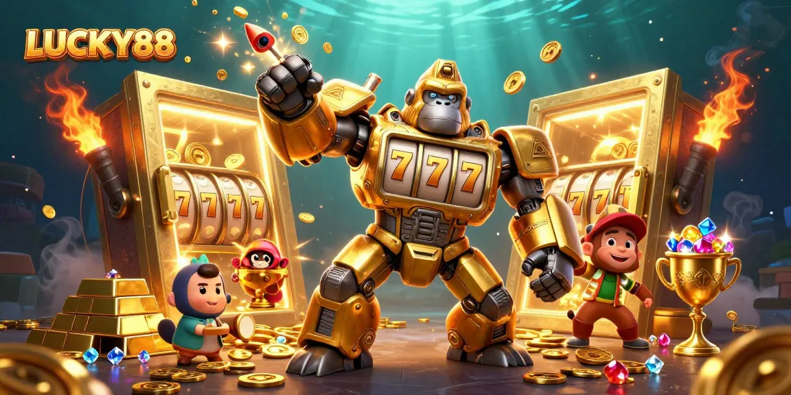 Win big with LUCKY88 as a golden gorilla mech unleashes exciting slot action!
