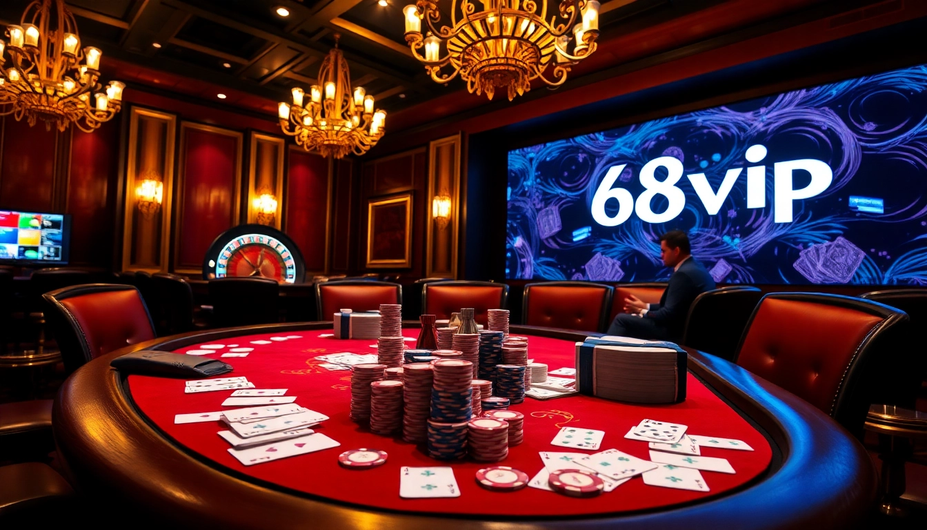 Experience the thrill of poker at 68VIP casino, with vibrant colors and luxurious atmosphere.