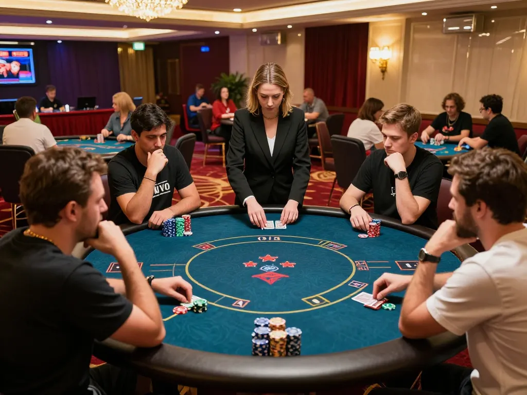 Players strategizing during a high-stakes poker game at KKWIN casino.