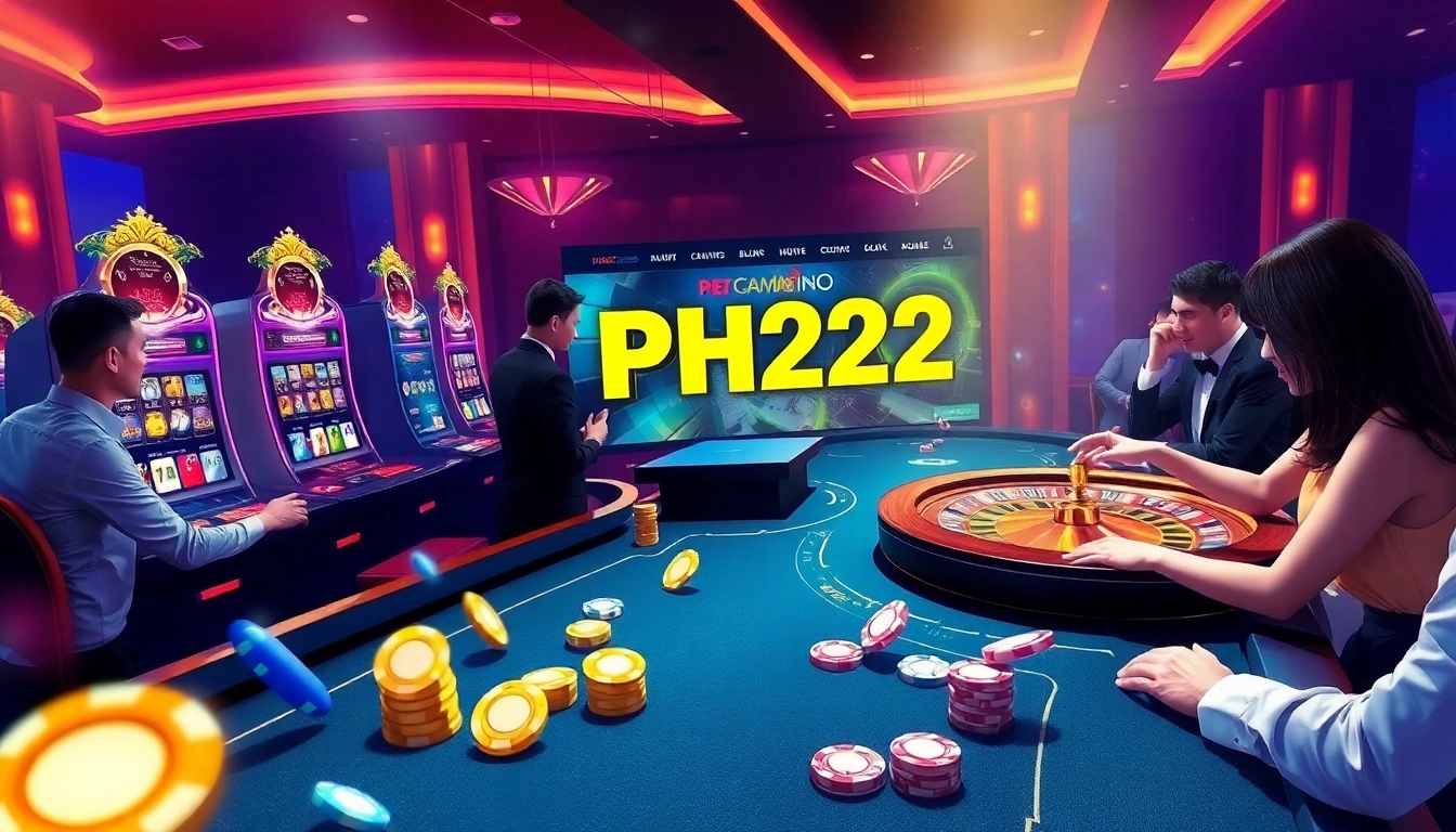 Engage with thrilling games at PH222 com casino, featuring vibrant tables and slot machines.