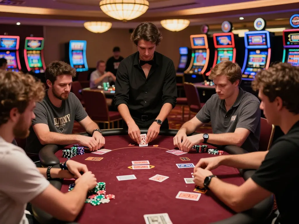 Players engaged in a high-stakes strategy game at KUWIN poker table with vibrant casino atmosphere