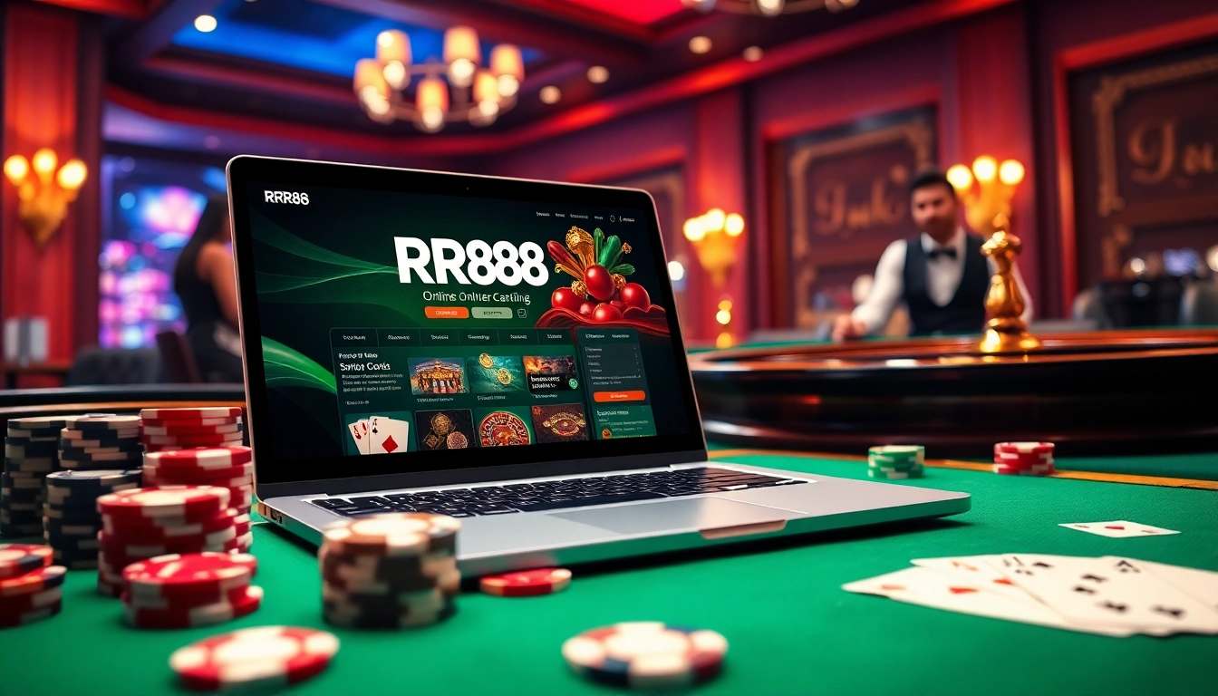 Engaging RR88 online casino interface with poker chips and roulette in a luxury setting.