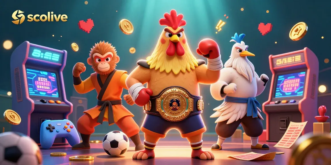 Socolive showcases thrilling sports betting action with a dynamic Muay Thai rooster and gaming elements.