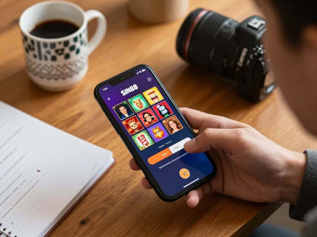 sin88 login interface displayed on smartphone, player engaged in online gaming at home, showcasing cozy atmosphere