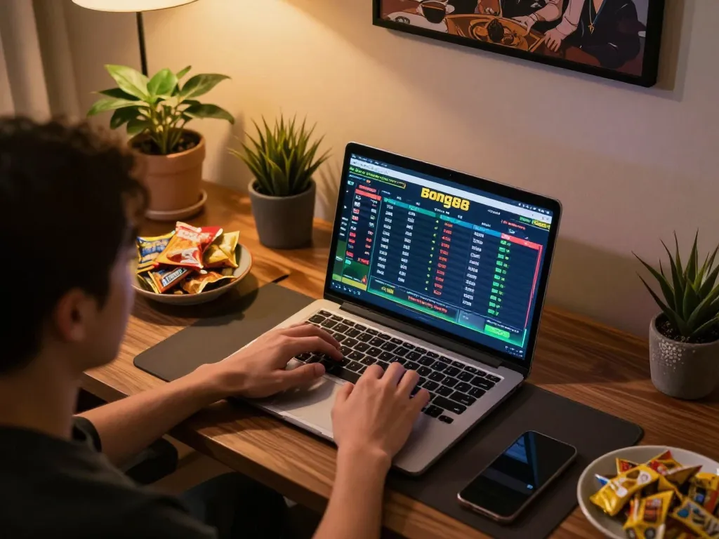 Bong88 online sports betting in a cozy home office, showcasing strategic gameplay
