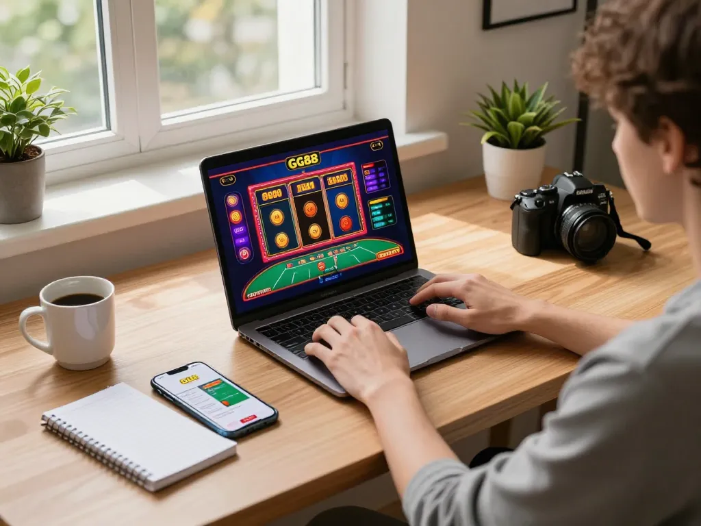 Player enjoying GG88 online gaming on a laptop, showcasing casino games in a cozy home setup.