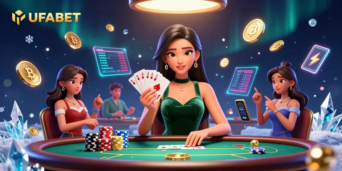 Experience thrilling poker action at UFABET with a stunning Asian dealer and vibrant crypto elements.