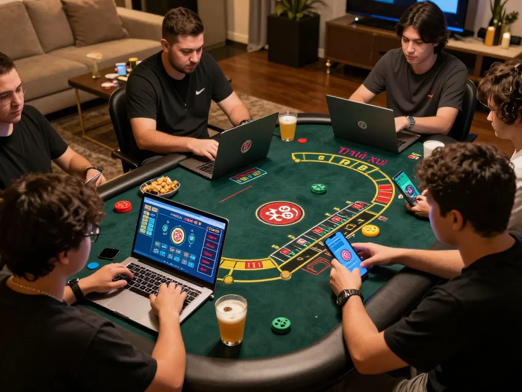 Tài xỉu online gaming session at home with players engaging over laptops and tablets.