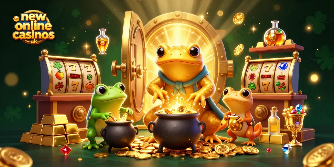 Experience new online casinos uk with a vibrant 3D scene of alchemists creating gold amidst casino elements.