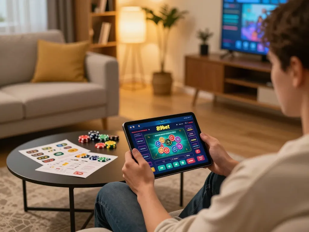 Engaging with 89bet online casino on a tablet in a cozy home setting.