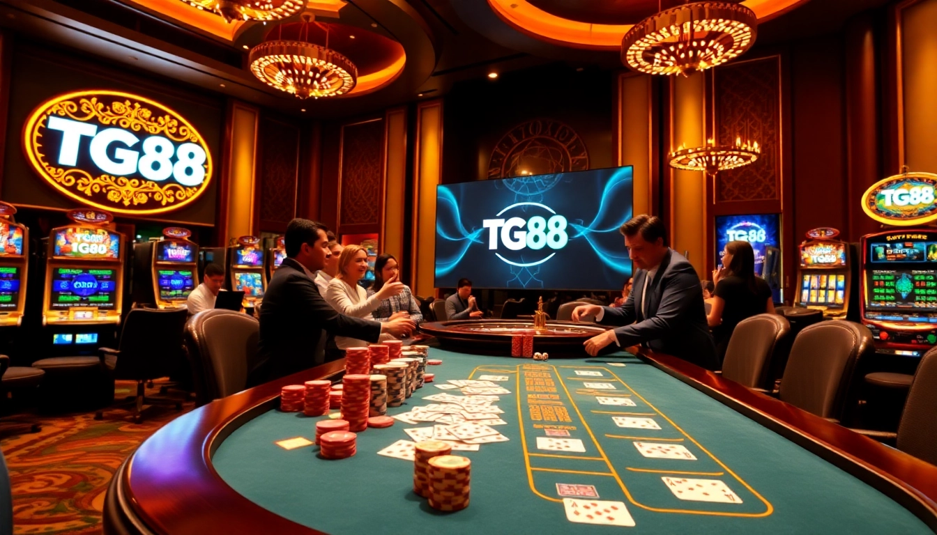 TG88 logo featured in a vibrant casino scene with gaming tables and slot machines.
