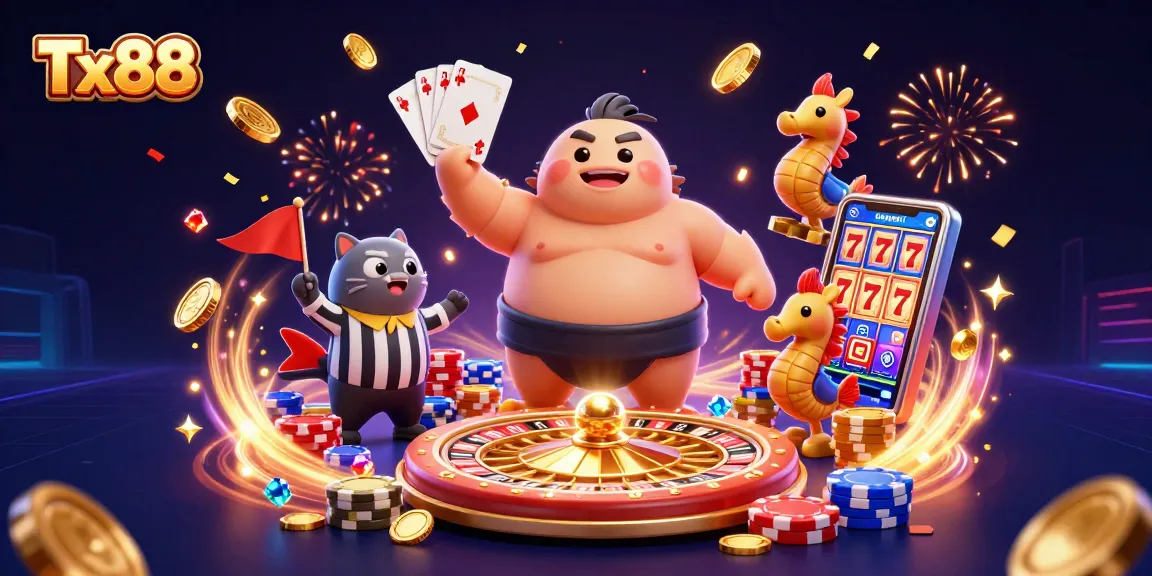Engage in thrilling Tx88 gameplay with 3D cartoon fugu and dynamic casino elements.