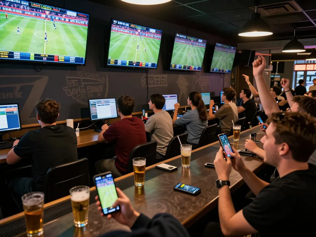 Engaged sports bettors using bsport app to check live odds and updates in a lively sports bar atmosphere