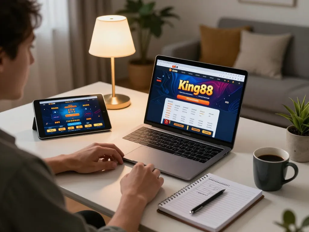 Engaged player using king88 online casino platform on laptop, showcasing strategic gambling setup.