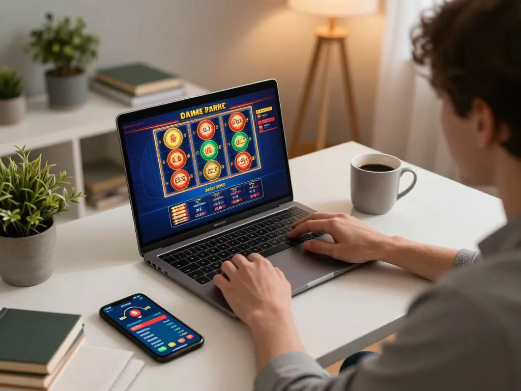 Engaged gambler using https://v788.biz/ on a laptop at home, showcasing online casino setup for responsible gaming.