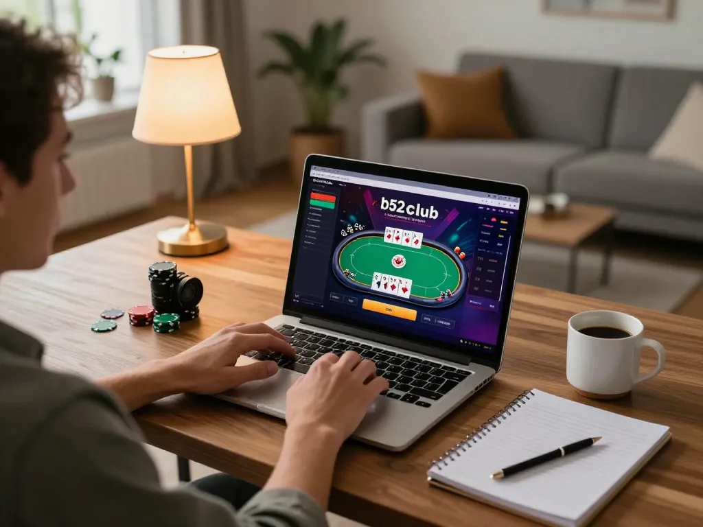 B52club user engaged in online poker gaming, showcasing interactive gameplay on a laptop in a cozy home environment.