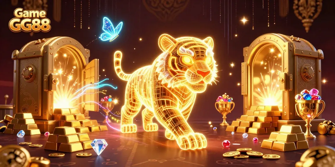 Engage with Game GG88's vibrant digital casino, featuring neon creatures amidst a treasure filled landscape.