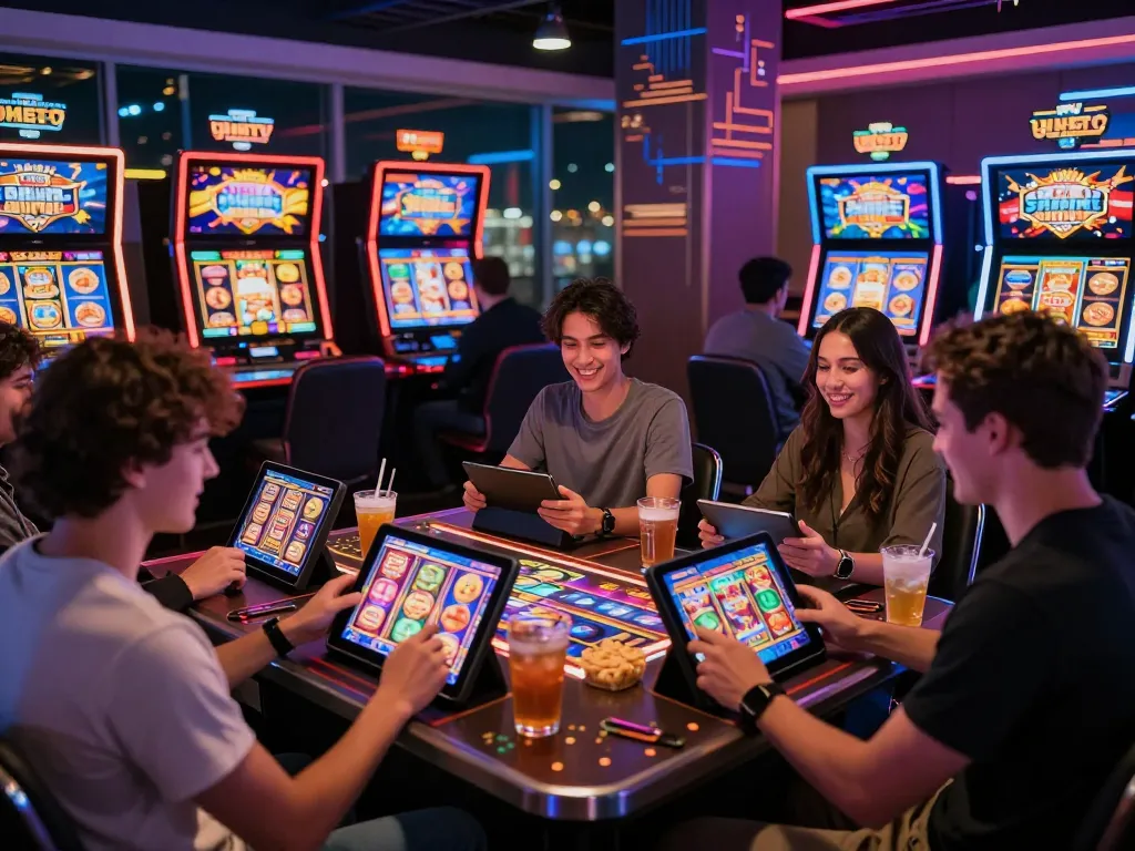 Friends enjoying vibrant slot games at 45x com in a lively online casino atmosphere.