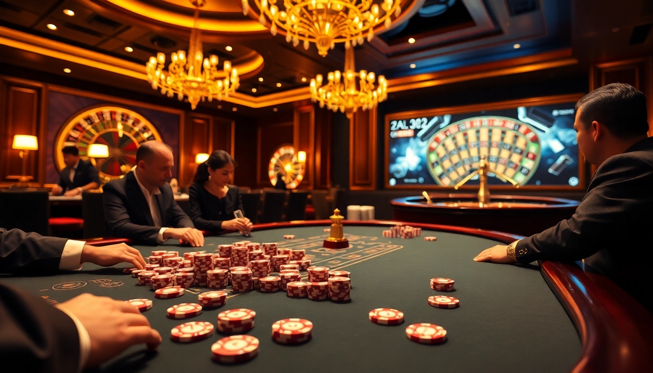 An exciting poker game scene at https://bj88h.org/, featuring high-end chips and a spinning roulette wheel.